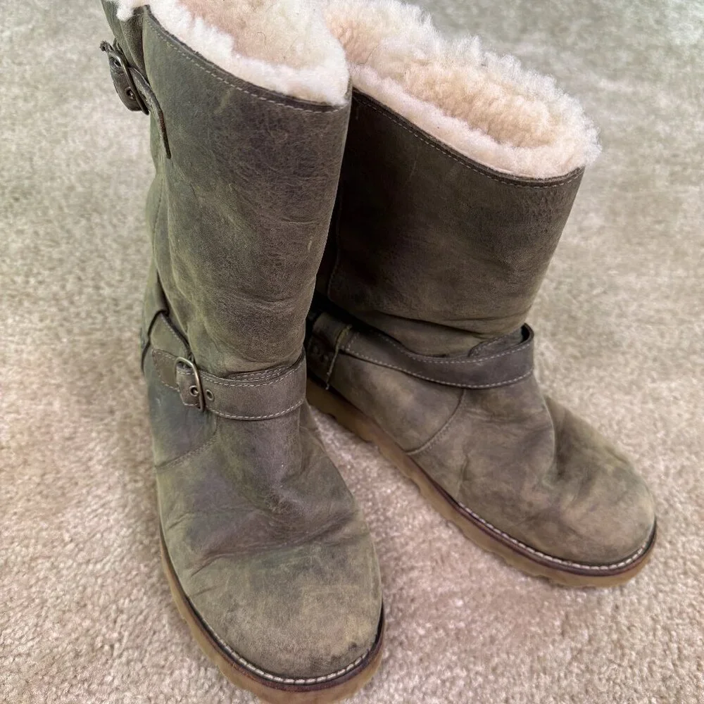 UGG Women's Size 8 NOIRA 1001733 Leather Waterproof Sheepskin Brown Biker Boots